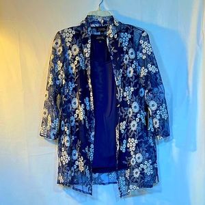 Tahari Navy Ivory Floral Twin Set Top